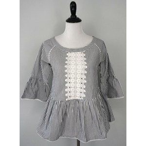 B BOUTIQUE by Evergreen Gray White Striped Lace Floral Tunic Peplum Top Size S